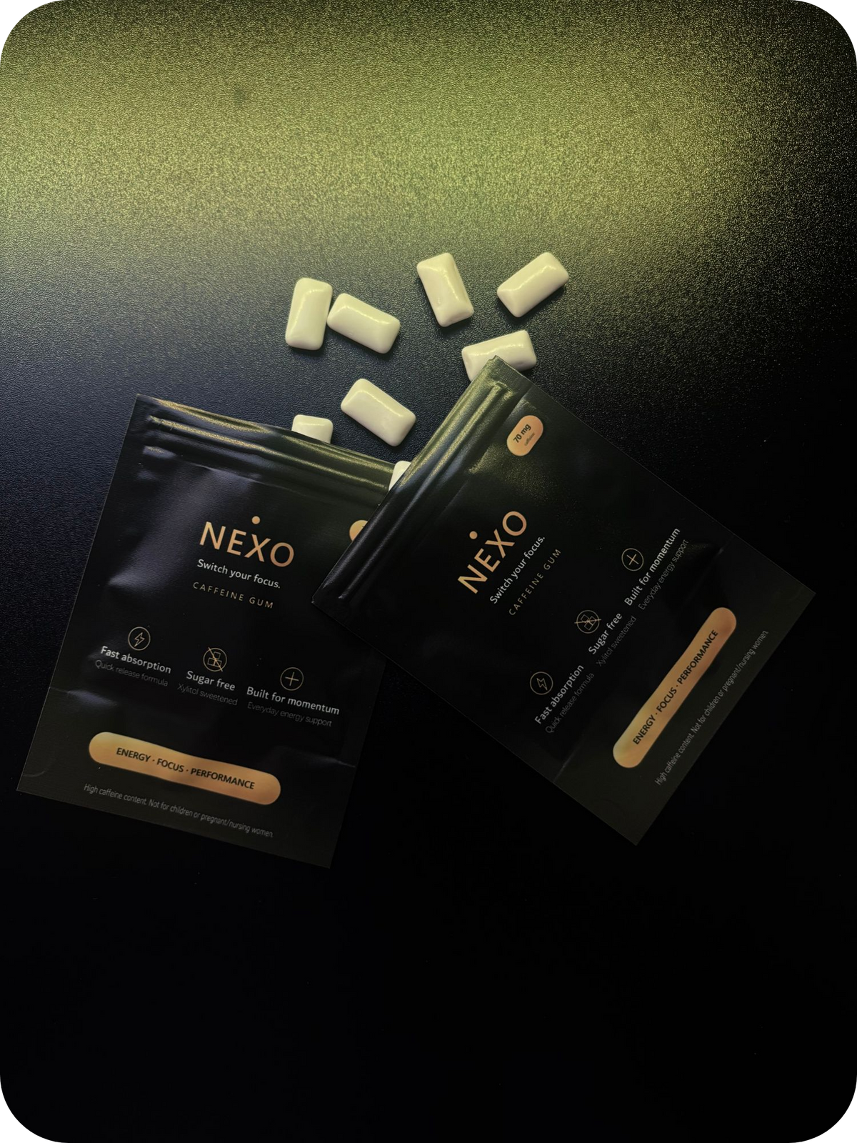 NEXO caffeine gum pouches with mint gum pieces